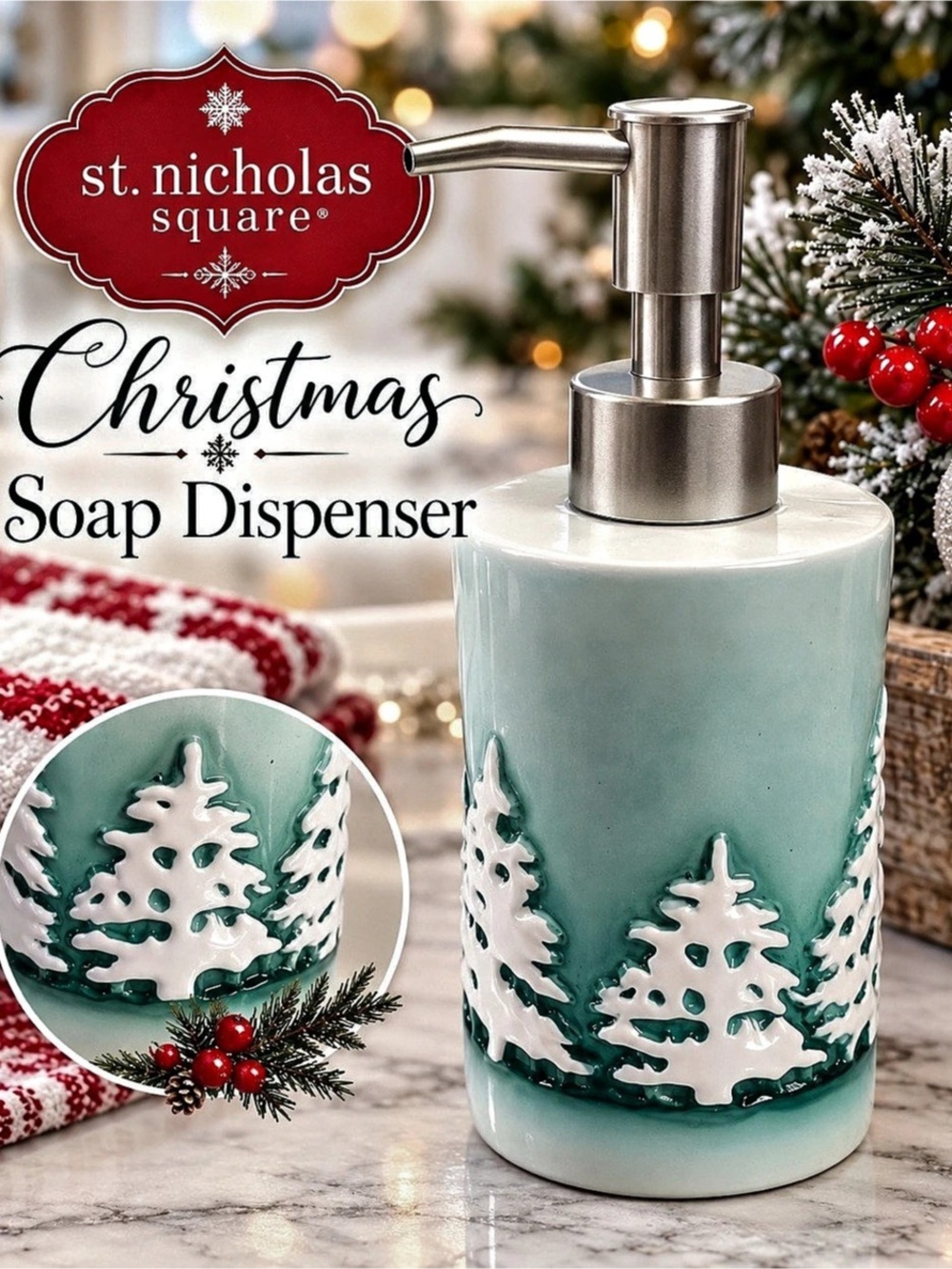St. Nicholas Square Christmas Tree Soap Pump Green & White